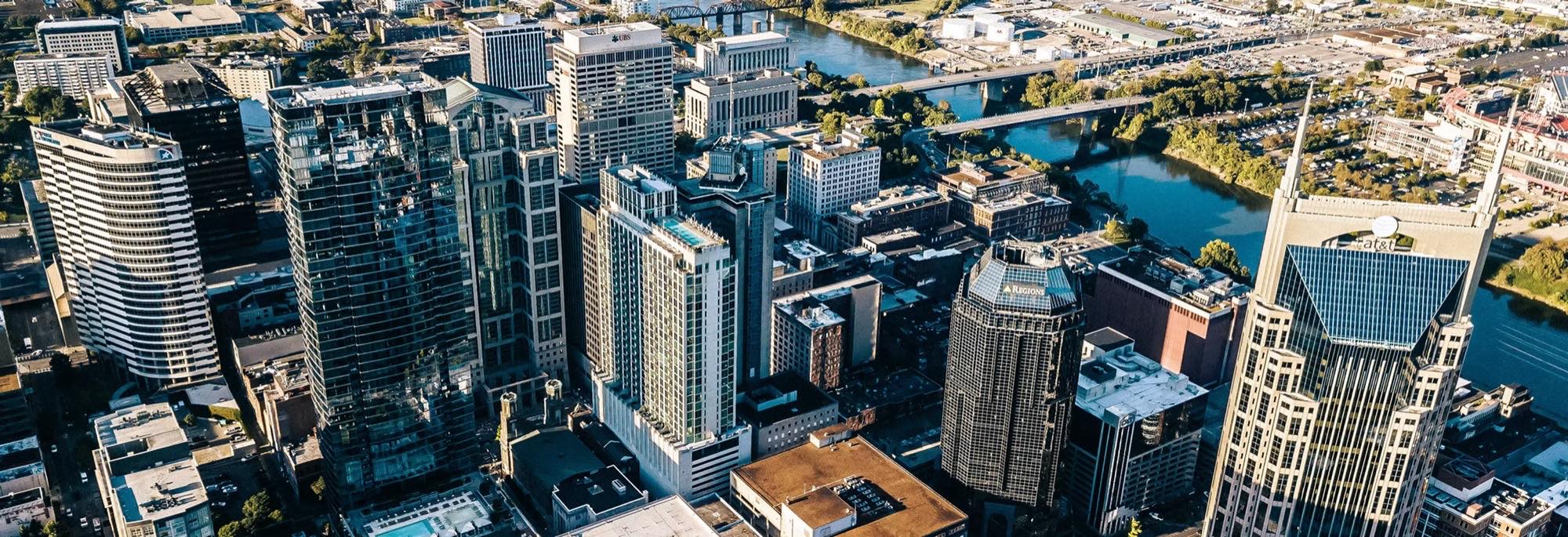 Aerial view of downtown Nashville, Tennessee along the Cumberland River