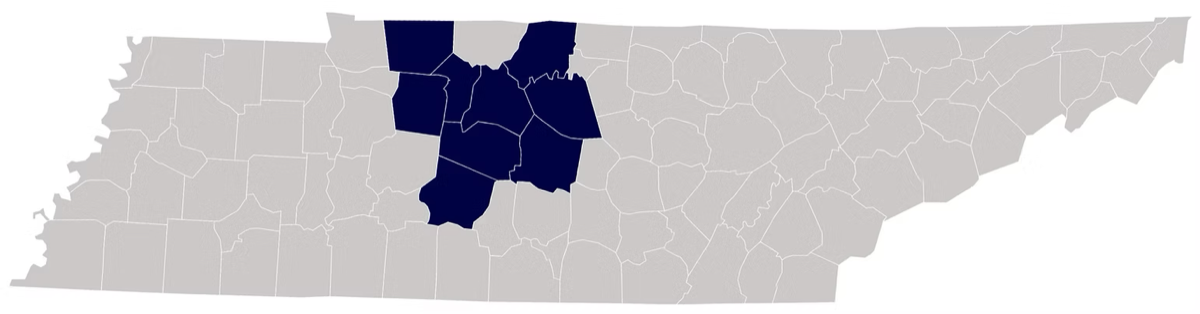Map of Tennessee highlighting the nine Middle Tennessee counties Jernigan Law serves: Cheatham, Davidson, Dickson, Maury, Montgomery, Rutherford, Sumner, Williamson, and Wilson